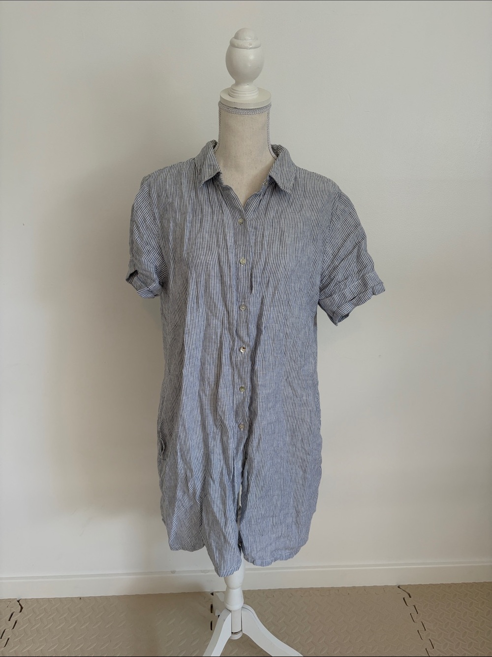 Tahari Short-Sleeve Button-Front Blue Stripe Tunic Dress Large